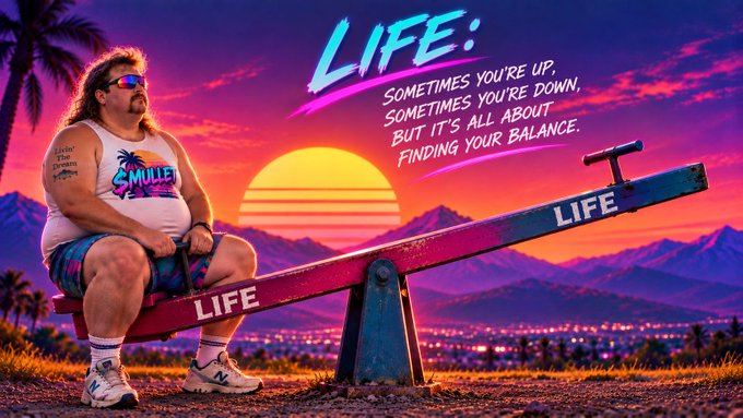 A vibrant retro-style digital illustration of a man sitting on a seesaw labeled 'LIFE' against a sunset cityscape, with text reading: 'LIFE: SOMETIMES YOU'RE UP, SOMETIMES YOU'RE DOWN, SOMETIMES ALL ABOUT BUT IT'S ALL ABOUT FINDING YOUR BALANCE.'