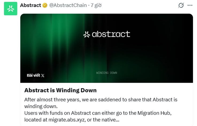 A tweet from verified account @AbstractChain announcing 'Abstract is Winding Down,' informing users that they can migrate funds to migrate.abs.xyz.