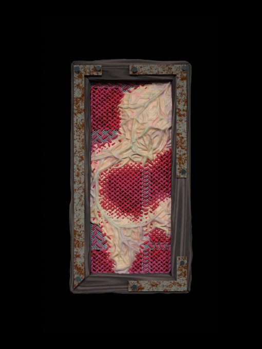 A digital artwork depicting a textured, pink lattice-patterned creature or entity contained within a rusted metal frame against a black background.