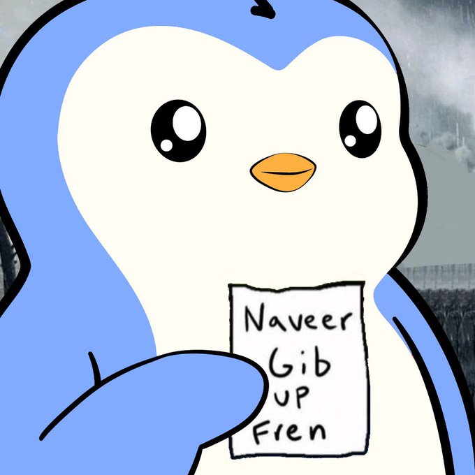 Illustration of a blue and white cartoon penguin-like character with large shiny eyes holding up a handwritten note that reads 'Naveer Gib Up Frien'.