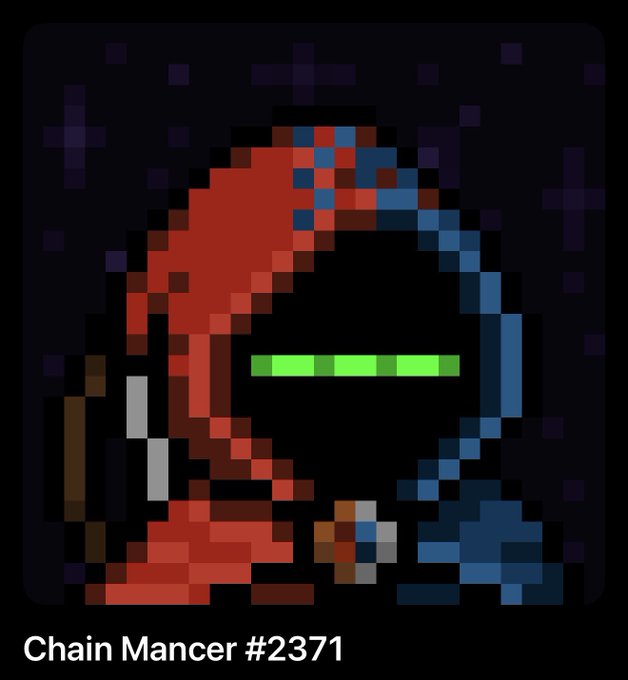 A pixel art NFT titled "Chain Mancer #2371" depicts a red and blue cloaked figure with a glowing green visor holding a staff, set against a starry purple background. The image illustrates the Reddit poster's surprise that this specific Chain Mancer NFT sold for 0.969 ETH above floor price at rank 39 while they were away.