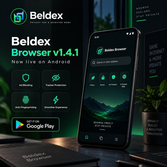 A promotional advertisement for 'Beldex Browser v1.4.1' now live on Android, showcasing a smartphone displaying the app interface alongside feature icons for Ad Blocking, Tracker Protection, Anti-Fingerprinting, and Smoother Experience.
