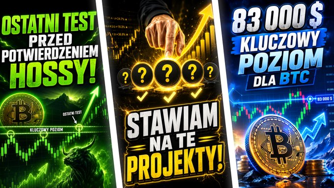 A three-panel crypto trading thumbnail in Polish, featuring text like 'OSTATNI TEST PRZED POTWIERDZENIEM HOSSY!', 'STAWIAM NA TE PROJEKTY!', and '83 000$ KLUCZOWY POZIOM DLA BTC' with Bitcoin imagery and bull market charts.