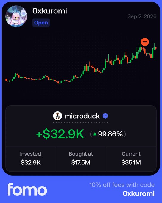 A Fomo trading app screenshot displays the token "Oxkuromi" with a candlestick chart and a +$32.9K (99.86%) gain shown on the microduck verified profile, referencing the "Little Duck" and "$Microduck" mentioned in the post.