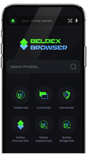 A smartphone displaying the Beldex Browser app interface with a 'Search Privately...' bar and shortcuts for beldex.bdx, bchat.bdx, and belnet.bdx.