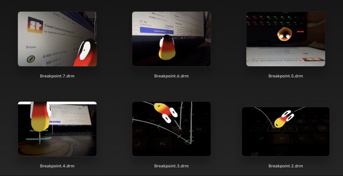 Grid of six video thumbnails showing candy corn character in various digital environments, labeled Breakpoint.7.drm through Breakpoint.2.drm.