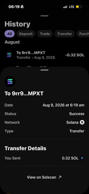 A screenshot of a transaction history on a crypto wallet app showing a successful transfer of 0.32 SOL sent to address 9rr9...MPXT on August 9, 2026 via the Solana network, confirming the $25 payment mentioned in the post.