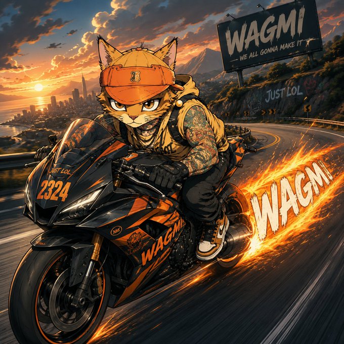 An anthropomorphic cat wearing an orange cap and hoodie rides a flaming black and orange motorcycle down a coastal highway at sunset, with "WAGMI - WE ALL GONNA MAKE IT" and "JUST LOL" graffiti on nearby signs and the number "2324" displayed on the bike, alongside fiery "WAGMI" text trailing behind—visually embodying the post's message of resilience and persistence through setbacks toward eventual success.