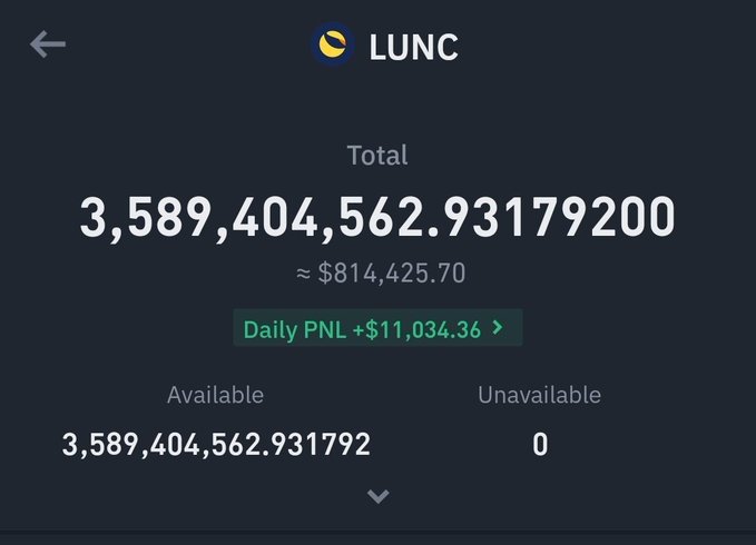 The image shows a crypto wallet displaying a LUNC (Terra Classic) balance of 3,589,404,562.93179200 tokens, valued at approximately $814,425.70, with a daily profit of +$11,034.36. This appears to be used as "proof" in a giveaway scam post claiming to distribute 89,000,000 LUNC to 4,900 followers—a classic social media scam where fake screenshots of large wallets are used to lure victims into sharing wallet addresses and joining Telegram channels.