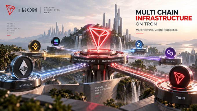 A promotional graphic for TRON cryptocurrency advertises 'MULTI CHAIN INFRASTRUCTURE ON TRON' with the tagline 'More Networks. Greater Possibilities,' showing logos for Ethereum, BNB Chain, Solana, Arbitrum, Polygon, and Tron connected by glowing pathways.