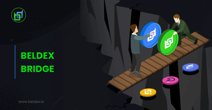 A Beldex Bridge promotional illustration shows two business figures exchanging coins across a wooden bridge over a chasm, with cryptocurrency tokens floating below and the Beldex logo in the corner.