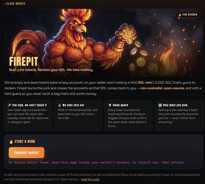 The "FIREPIT" landing page by Chuck Norris that burns junk tokens and reclaims SOL rent, featuring a fiery rooster mascot and a "Connect wallet" button, noting no Solana wallet was found.