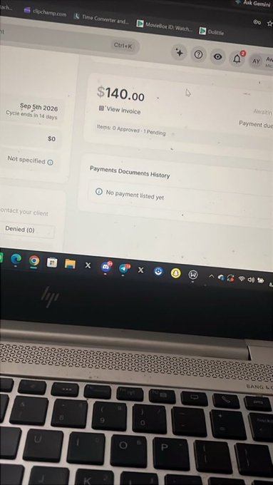 A photo of a laptop screen displays a payment/invoice page showing "$140.00" with "View Invoice" and "Awaiting Payment due" text, along with a taskbar and keyboard visible. The image appears to serve as proof of earnings, supporting the post's claim that community members can earn money through "Micro 1 AI."