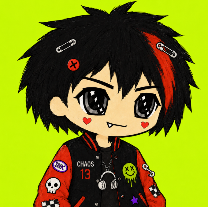 A chibi-style digital illustration of an anime character with black and red hair, safety pins, and heart cheeks, wearing a jacket adorned with patches including 'CHAOS 13' and 'INK'.