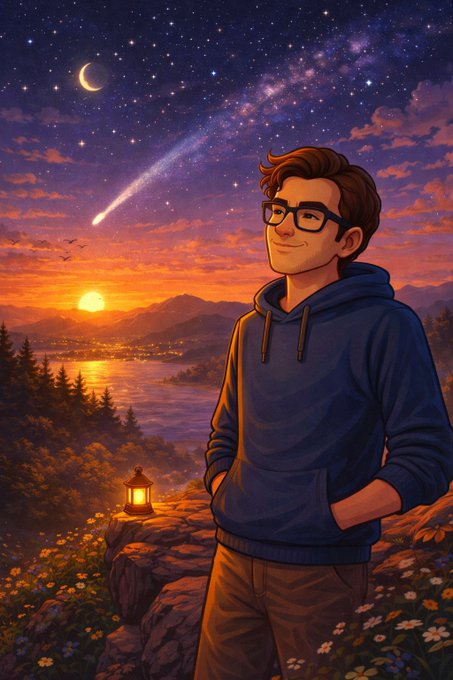 An illustrated portrait of a young man with glasses in a blue hoodie standing on a scenic cliff at sunset, with a comet, crescent moon, and starry sky above.
