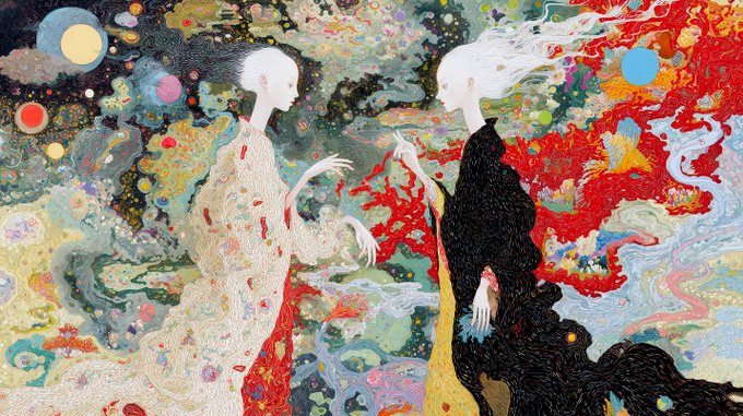 Two ethereal, pale-haired figures face each other amid a swirling cosmos of vibrant colors, abstract floral patterns, and celestial orbs in this digital artwork titled "Colors of Life" on ObjktCom. The piece, listed as a 1*1 edition for 150 xtz, reflects its title through the rich, kaleidoscopic palette of reds, blues, yellows, and earth tones that animate the dreamlike scene.