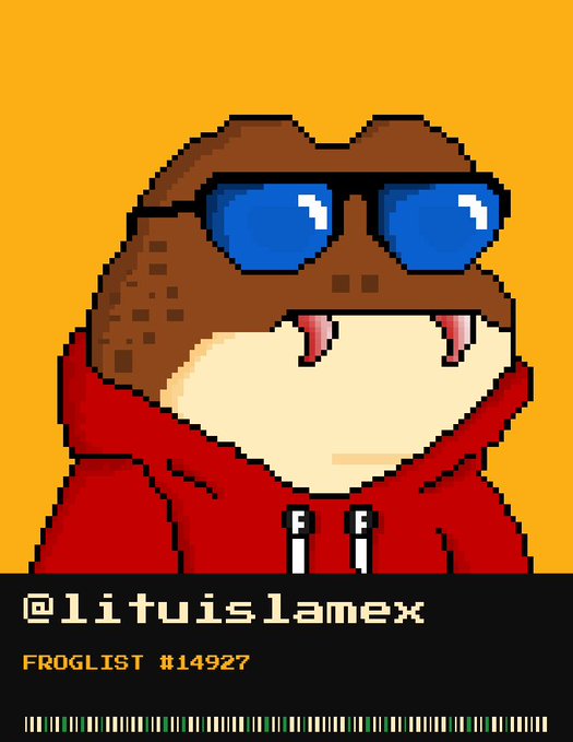 A pixel art profile picture of a brown frog character wearing blue sunglasses and a red hoodie, with the username '@lituislamex' and 'FROGLIST #14927' displayed below.