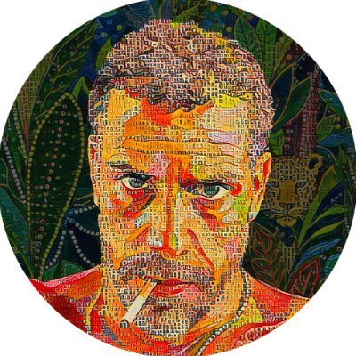 A colorful mosaic-style portrait artwork of a bearded man smoking a cigarette, set against a lush green tropical background.