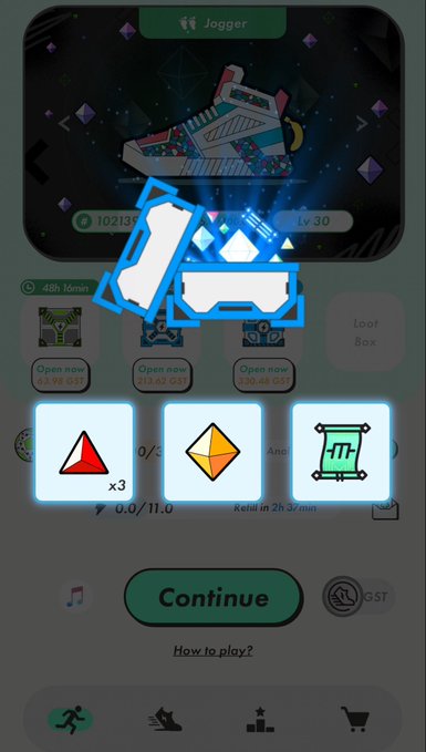 A mobile game screen titled "Jogger" displays a colorful running shoe character at Lv. 30 with a highlighted "Open now" loot box reward and a Continue button.