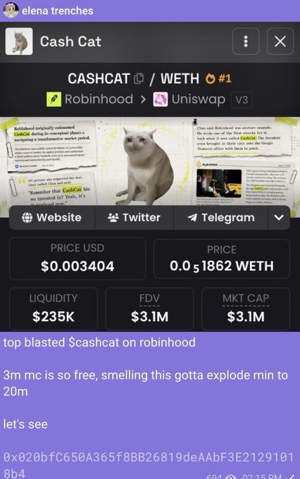 A Telegram post by "elena trenches" shows the $CASHCAT token trading at a $3.1M market cap on Uniswap V3, accompanied by a hype message boasting about a track record of early calls on $CashCat, $ANSEM, $TripleT, and $hoodrat that all delivered significant gains, telling doubters to "stay poor."