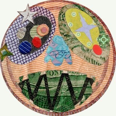A circular collage artwork made from patterned fabric, paper, and a star features faces and currency designs in green, yellow, and purple tones.