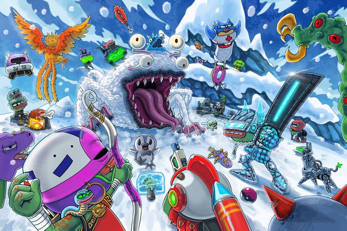 Vibrant, chaotic digital illustration featuring a large yeti-like yeti monster in the center surrounded by numerous cartoonish robots, creatures, and characters in an icy battle scene.