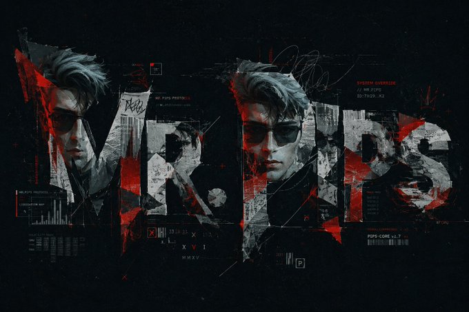 !!!M!!P!S!!!, a man with sunglasses and a red shirt, is depicted in three distinct images against a black background.