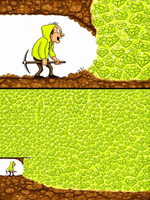 A two-panel cartoon meme showing a miner with a pickaxe discovering a massive deposit of green gems, followed by a wide shot revealing the wall of gems is overwhelmingly vast compared to the tiny miner.