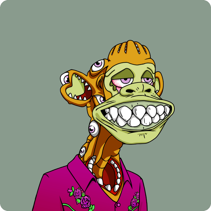 A cartoon green ape with a wide toothy grin, wearing a yellow hood and a pink floral shirt against a gray-green background.