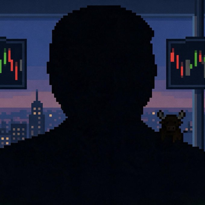 A pixel art silhouette of a person's head and shoulders in front of two monitors displaying green and red candlestick trading charts, with a city skyline at dusk in the background.