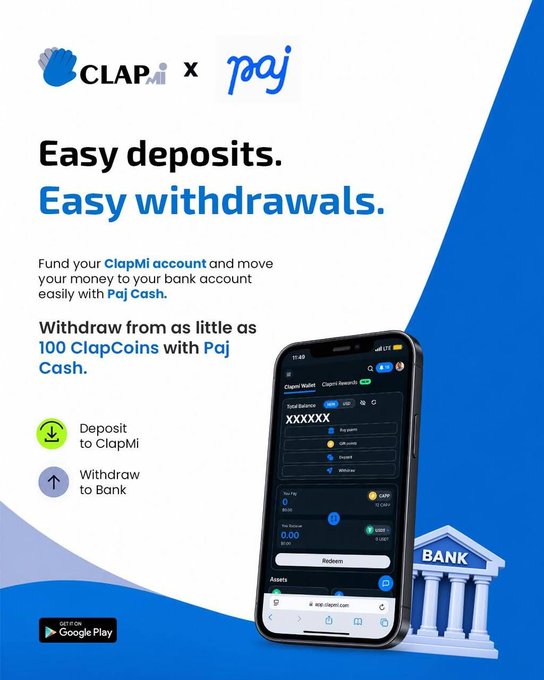 An advertisement for 'ClapMi x Paj' highlights 'Easy deposits. Easy withdrawals.' with a smartphone displaying the app interface and a 'BANK' building graphic.