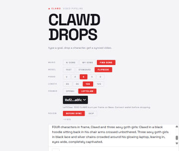 A promotional landing page for "CLAWD DROPS," a generative character/video tool, featuring options to generate black-hoodie characters called "Clawd" with color, background, and frame rate settings, alongside social links. The image showcases the platform being promoted by the poster, who is using its Clawd character generator and referencing the $CLAWD ticker in their post.
