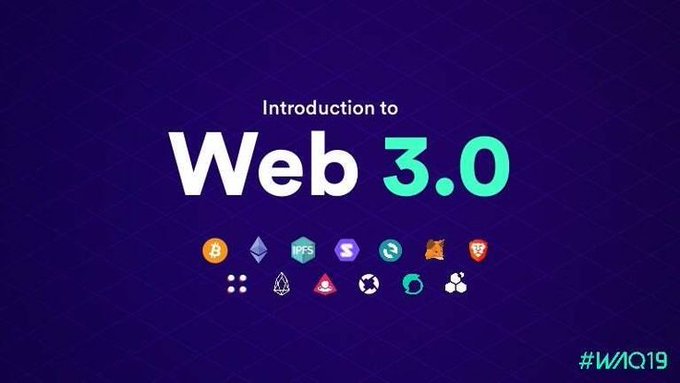 A purple slide titled 'Introduction to Web 3.0' displaying various cryptocurrency and Web3 logos including Bitcoin, Ethereum, and others, with the hashtag '#WAQ19' in the corner.