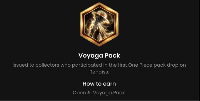 The image shows a "Voyaga Pack" SBT from Renaiss, awarded to collectors who opened ≥1 Voyaga Pack during the first One Piece pack drop. The post reflects the poster's sentimental attachment to this SBT, which evokes childhood memories of watching One Piece with family—a digital collectible that captures a nostalgic moment rather than rarity.