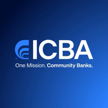 The ICBA logo displayed on a blue background with the tagline 'One Mission. Community Banks.'