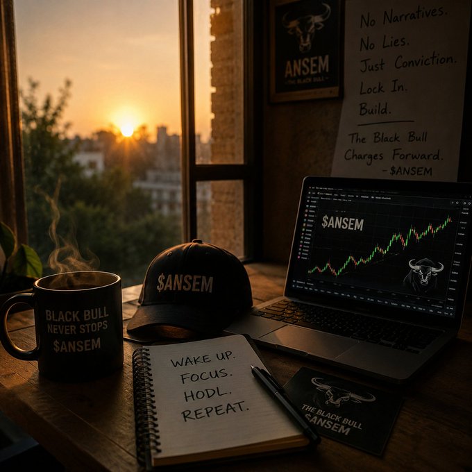A motivational "$ANSEM" themed image showing a sunset view with a laptop displaying a green stock chart, a cap and mug labeled "Black Bull Never Stops $ANSEM," and a notebook reading "WAKE UP. FOCUS. HODL. REPEAT."