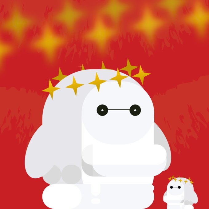 An illustration of Baymax, the white inflatable robot character from Big Hero 6, wearing a golden star crown against a red background with glowing stars.
