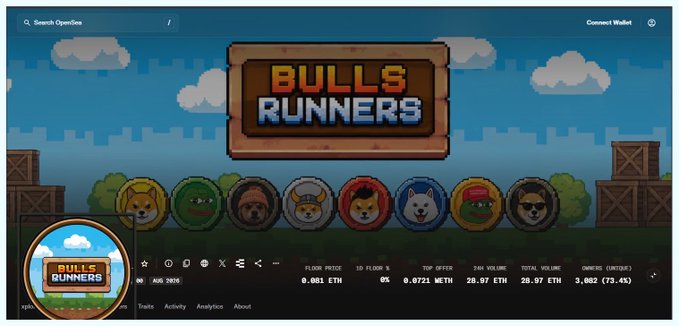 The image shows the OpenSea NFT marketplace listing page for the "Bulls Runners" pixel-art collection, displaying an 8-character lineup of animal NFT tokens with a floor price of 0.081 ETH (0% change) and total volume of 28.97 ETH—visually countering the "0 to 100" pump claim in the caption, which mocks traders who hype rugs while warning that such pumps actually scare off new buyers who become exit liquidity.
