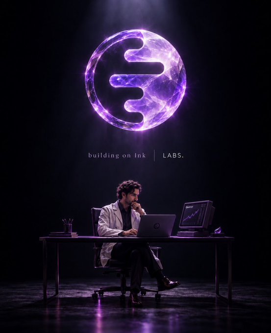 A cinematic promotional image featuring a man in a white lab coat working on a laptop at a desk, with a glowing purple Polkadot/INK Labs logo above him and text reading 'building on ink | LABS.'