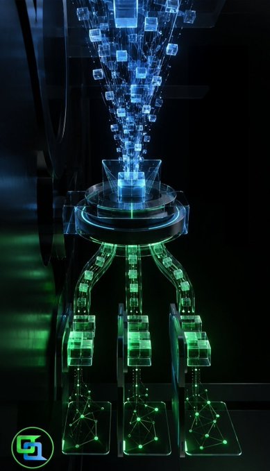 A futuristic, glowing blue and green digital sculpture features floating cubes and a network-like base structure in a dark setting.