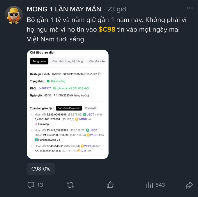 A Facebook post titled "MONG 1 LẦN MAY MẮN" shows a crypto user lamenting investing nearly 1 billion VND into the $C98 token, with an attached transaction screenshot displaying a successful blockchain hash showing large trades of USDT for WBNB and WBNB for C98 on Uniswap and PancakeSwap, resulting in a current portfolio of C98 0%.
