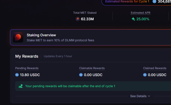 A cryptocurrency staking dashboard shows 62.33M MET staked with an estimated 25.00% APR, displaying 13.80 USDC in pending rewards and a note that rewards will be claimable after the end of cycle 1.