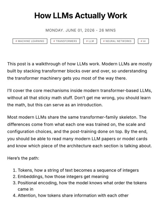 A blog post screenshot titled "How LLMs Actually Work," dated Monday, June 01, 2026, which introduces the inner workings of large language models by breaking them down into key concepts like tokens, embeddings, positional encoding, and attention—aligning with the accompanying post praising 0xkato.xyz as the best free resource for understanding LLMs.