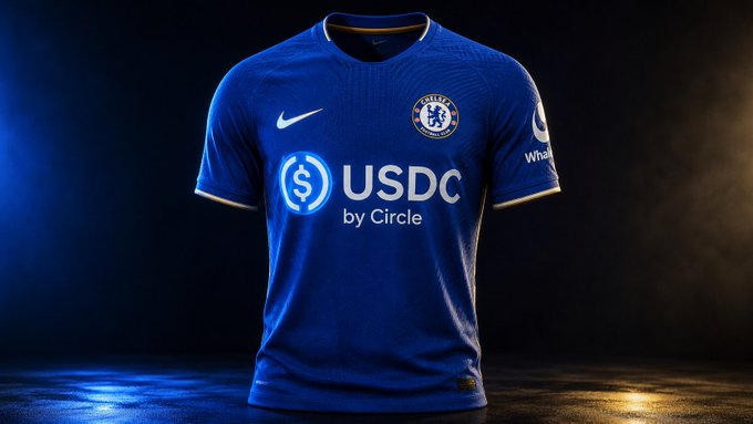 A blue Chelsea FC soccer jersey featuring the Nike swoosh, Chelsea crest, and the central sponsor logo for USDC by Circle.