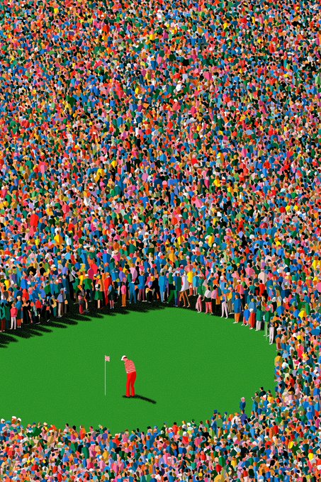 The illustration captures a lone golfer in red pants standing on a perfectly round patch of green, surrounded by a massive, multicolored crowd of spectators, embodying the iconic moment of a golf match. The accompanying "GM!" (Good Morning) greeting pairs perfectly with this serene yet vibrant scene, offering a cheerful start to the day.