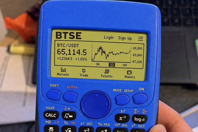 A hand holds a blue calculator displaying a Bitcoin price chart for BTC/USDT at 65,114.5, branded with the name 'BTSE' at the top.
