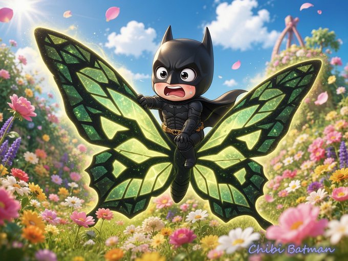 A cute, chibi-style Batman character with large green, geometric-patterned butterfly wings looks startled as he flies through a vibrant garden full of colorful flowers under a sunny sky.