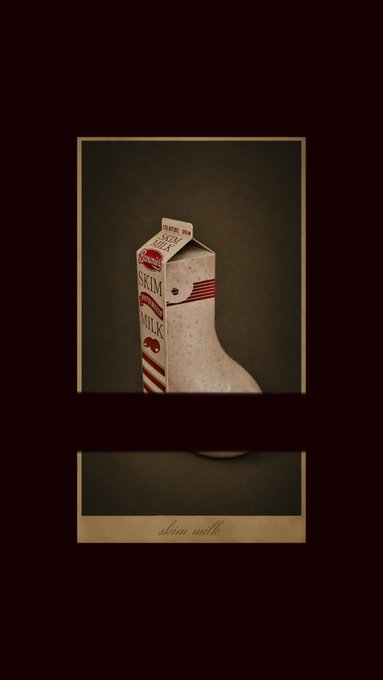 An artistic still life photograph shows a vintage-style 'Skim Milk' carton shaped like a boot, presented in a Polaroid-style frame with the caption 'skim milk' below.