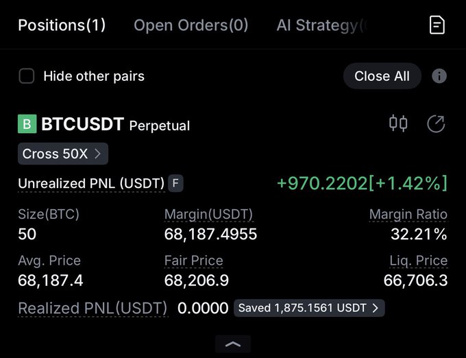 The image shows a screenshot of a cell phone screen that displays an information panel about Bitcoin trading. The top portion of the screen reads "positions (1)", while the middle part has options such as "Cross 50x", "Close All" and "Unrealized PNL". Additionally, there is a price chart showing the current prices for Bitcoin. On the right side of the screen, you can find a message that states " bitcoin cash price at 6:42pm", indicating the recent value of Bitcoin compared to another currency. The image also includes some text related to Bitcoin trading and cryptocurrency markets.