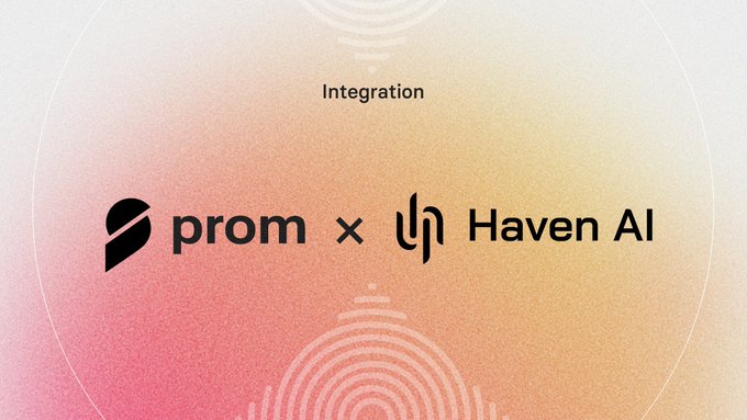The image announces a "prom × Haven AI" integration, displayed on a pink and orange gradient background with subtle wave patterns, visually representing the partnership between the two platforms as described in the accompanying post.